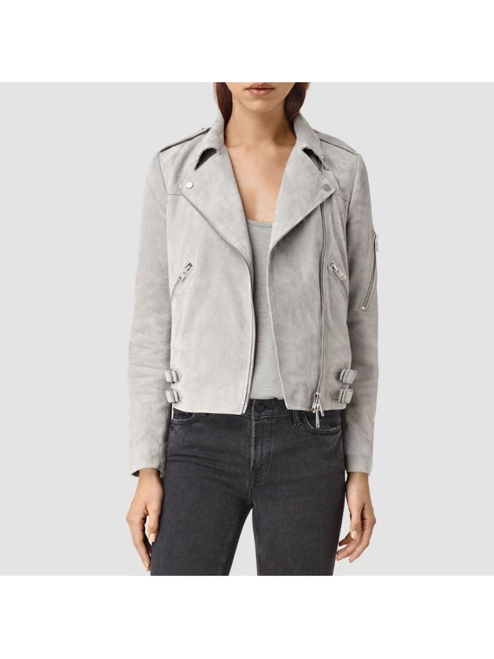 ALL SAINTS Suede Biker Jacket - Light Gray - Picture 6 of 11